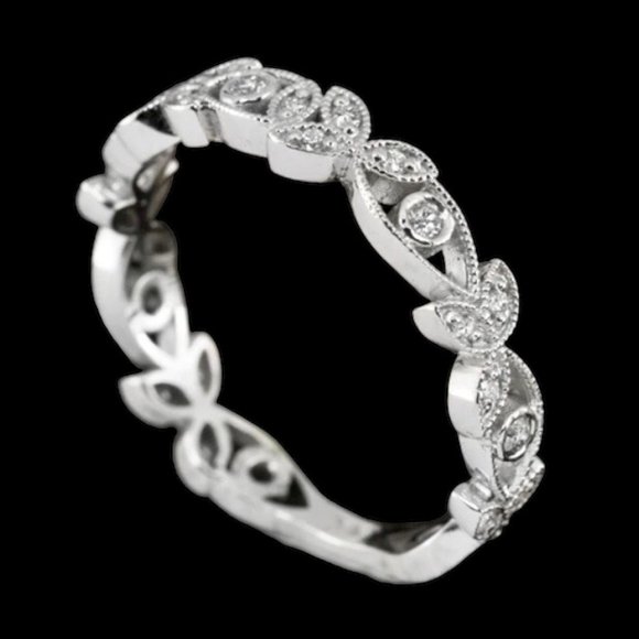VINTAGE STYLE PLATINUM G-H VS DIAMOND WEDDING BAND FILIGREE FLORAL ART DECO RING - Picture 2 of 5